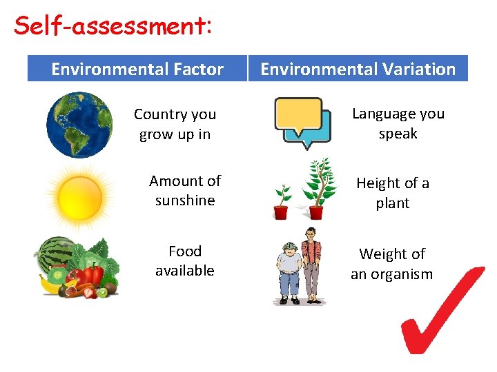 Self-assessment: Environmental Factor Country you grow up in Environmental Variation Language you speak Amount