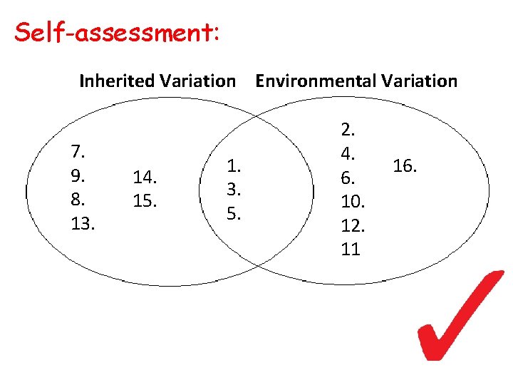 Self-assessment: Inherited Variation Environmental Variation 7. 9. 8. 13. 14. 15. 1. 3. 5.
