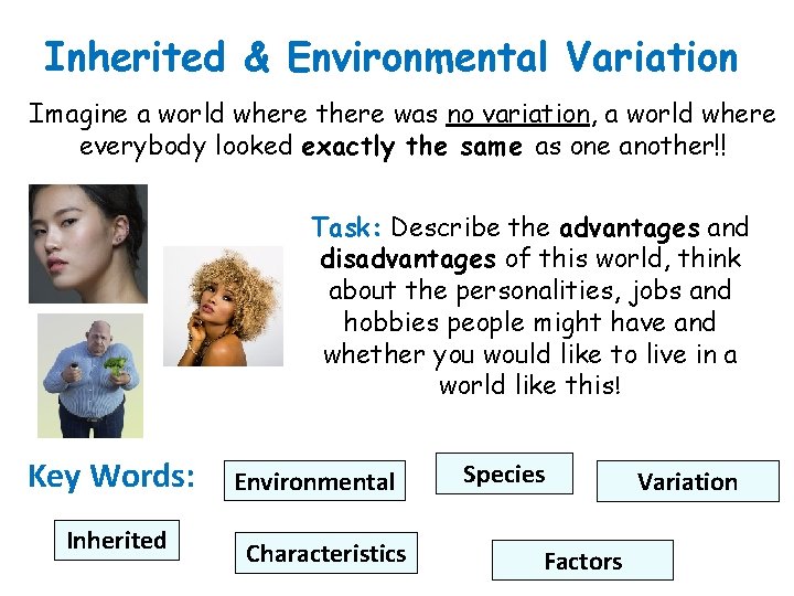 Inherited & Environmental Variation Imagine a world where there was no variation, a world
