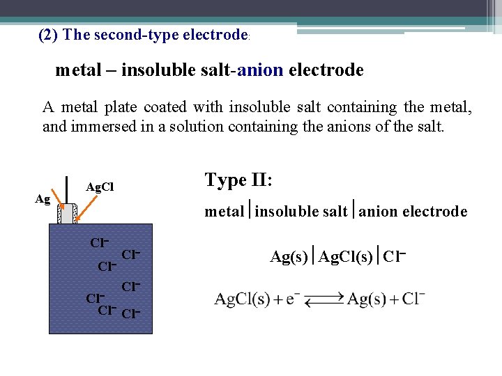 (2) The second-type electrode: metal – insoluble salt-anion electrode A metal plate coated with