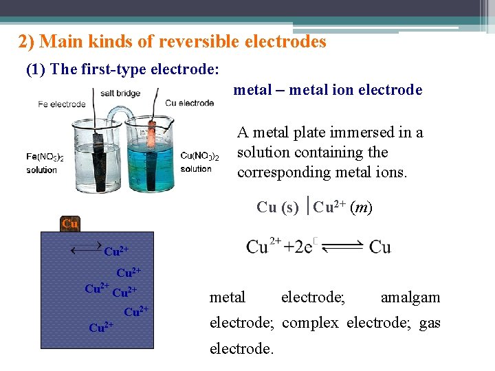 2) Main kinds of reversible electrodes (1) The first-type electrode: metal – metal ion