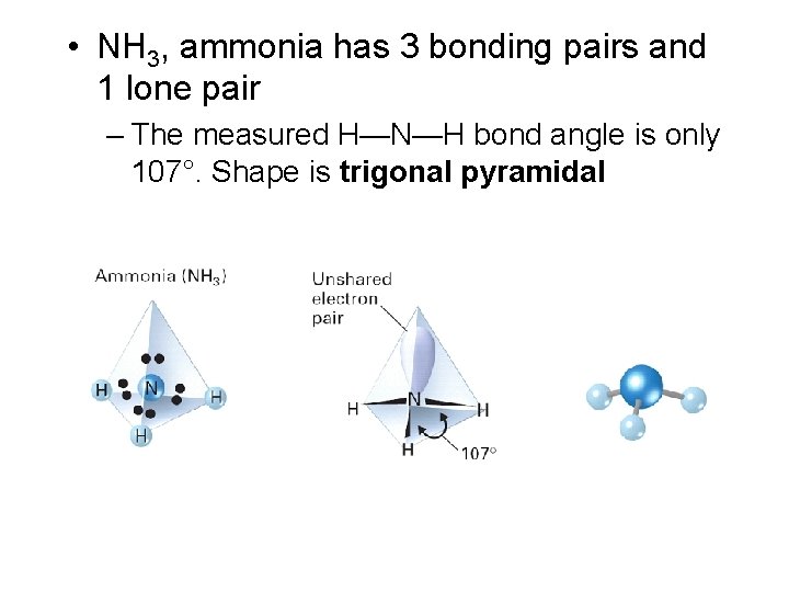  • NH 3, ammonia has 3 bonding pairs and 1 lone pair –