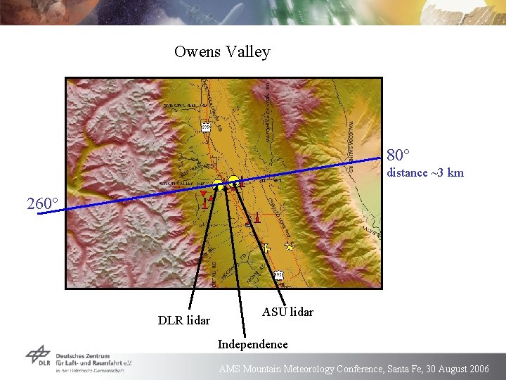 Owens Valley 80° distance ~3 km 260° DLR lidar ASU lidar Independence AMS Mountain