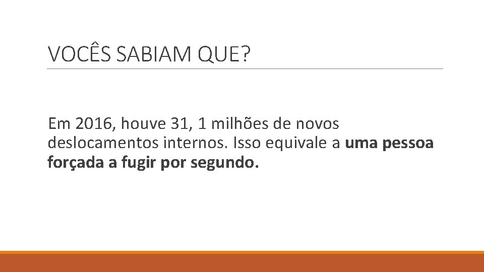 VOCÊS SABIAM QUE? Em 2016, houve 31, 1 milhões de novos deslocamentos internos. Isso