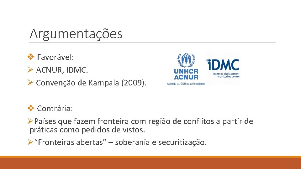 Argumentações v Favorável: Ø ACNUR, IDMC. Ø Convenção de Kampala (2009). v Contrária: ØPaíses