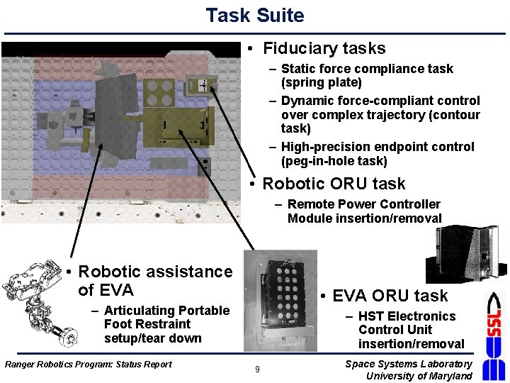 Task Suite • Fiduciary tasks – Static force compliance task (spring plate) – Dynamic