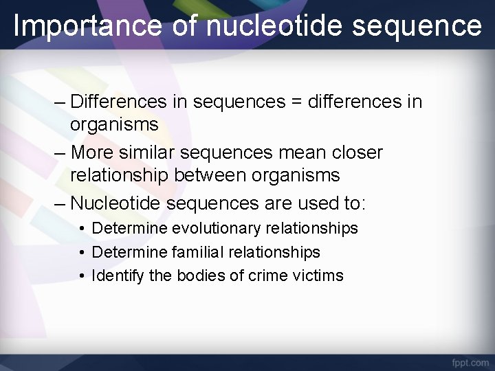 Importance of nucleotide sequence – Differences in sequences = differences in organisms – More