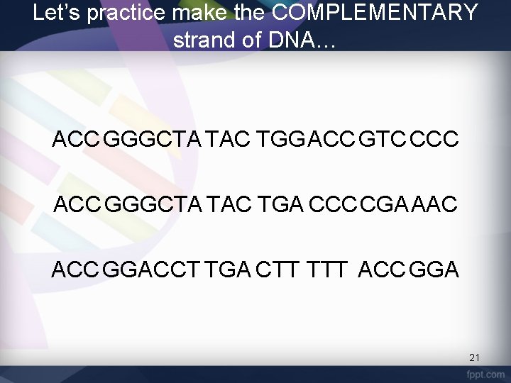 Let’s practice make the COMPLEMENTARY strand of DNA… ACC GGGCTA TAC TGGACC GTC CCC