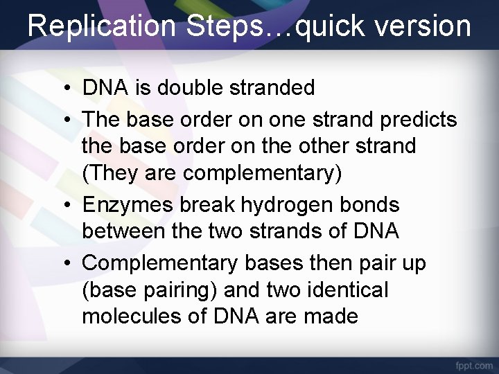 Replication Steps…quick version • DNA is double stranded • The base order on one