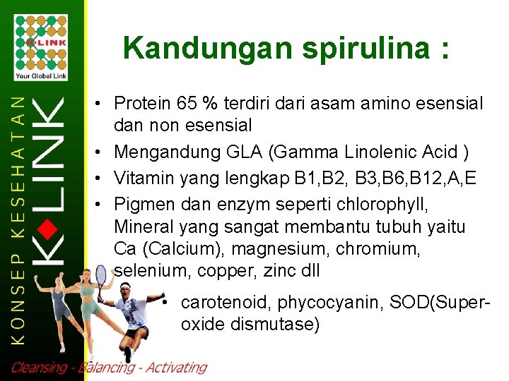 Kandungan spirulina : • Protein 65 % terdiri dari asam amino esensial dan non