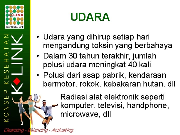 UDARA • Udara yang dihirup setiap hari mengandung toksin yang berbahaya • Dalam 30