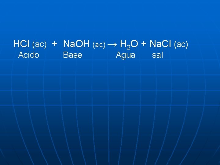 HCl (ac) + Na. OH (ac) → H 2 O + Na. Cl (ac)