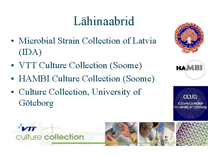 Lähinaabrid • Microbial Strain Collection of Latvia (IDA) • VTT Culture Collection (Soome) •