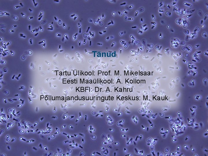 Tänud Tartu Ülikool: Prof. M. Mikelsaar Eesti Maaülikool: A. Kollom KBFI: Dr. A. Kahru