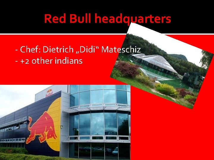 Red Bull headquarters - Chef: Dietrich „Didi“ Mateschiz - +2 other indians 