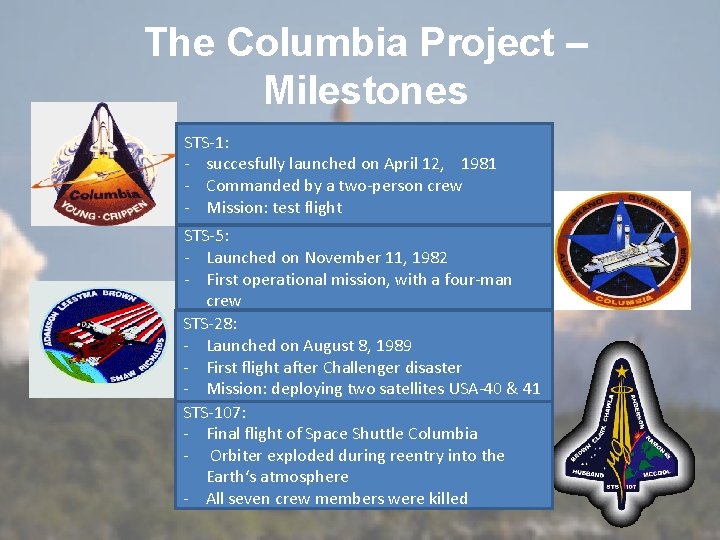 The Columbia Project – Milestones STS-1: - succesfully launched on April 12, 1981 -