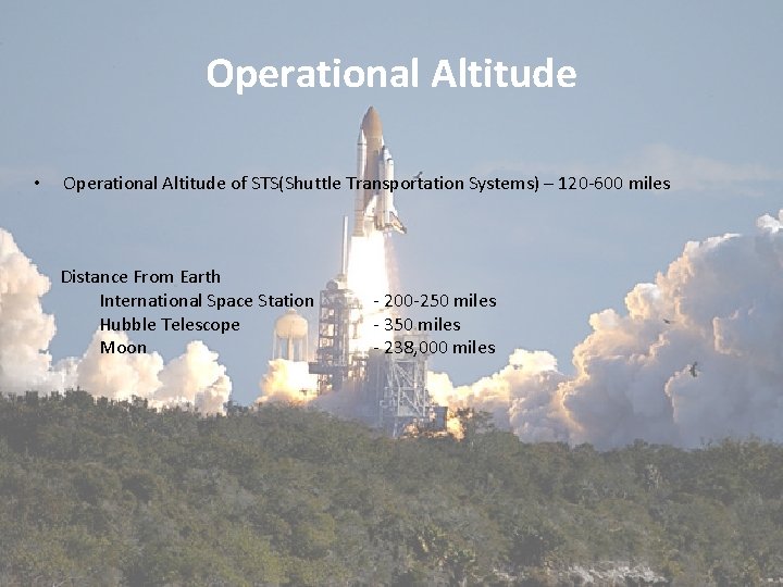 Operational Altitude • Operational Altitude of STS(Shuttle Transportation Systems) – 120 -600 miles Distance