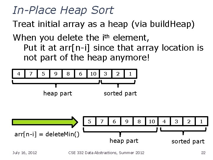 In-Place Heap Sort Treat initial array as a heap (via build. Heap) When you