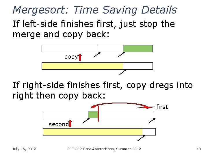 Mergesort: Time Saving Details If left-side finishes first, just stop the merge and copy