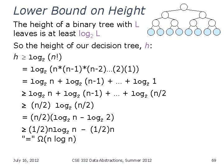 Lower Bound on Height The height of a binary tree with L leaves is