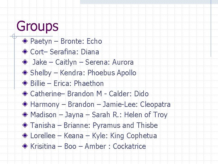 Groups Paetyn – Bronte: Echo Cort– Serafina: Diana Jake – Caitlyn – Serena: Aurora