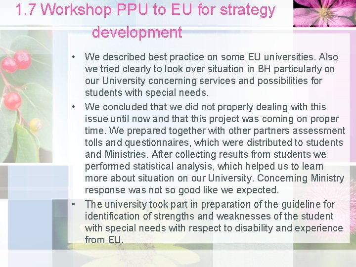 1. 7 Workshop PPU to EU for strategy development • We described best practice