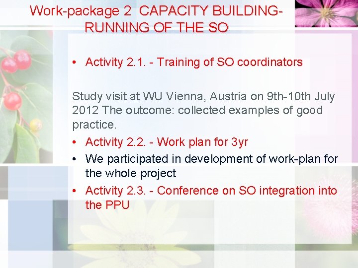 Work-package 2 CAPACITY BUILDINGRUNNING OF THE SO • Activity 2. 1. - Training of