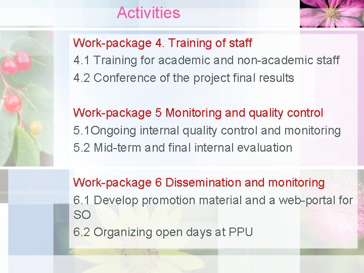 Activities Work-package 4. Training of staff 4. 1 Training for academic and non-academic staff