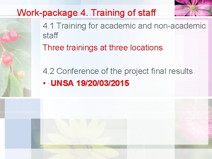 Work-package 4. Training of staff 4. 1 Training for academic and non-academic staff Three