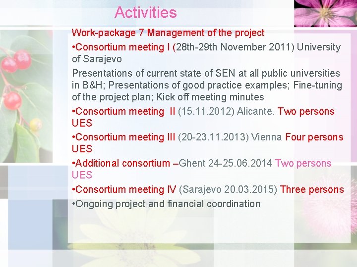 Activities Work-package 7 Management of the project • Consortium meeting I (28 th-29 th