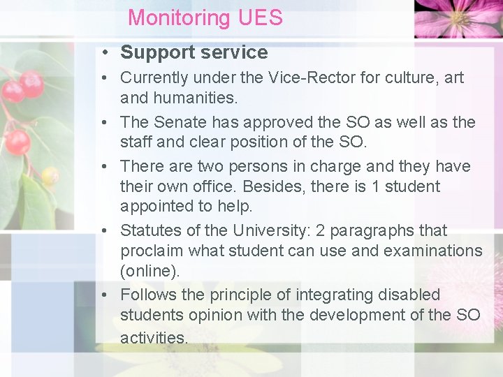 Monitoring UES • Support service • Currently under the Vice-Rector for culture, art and