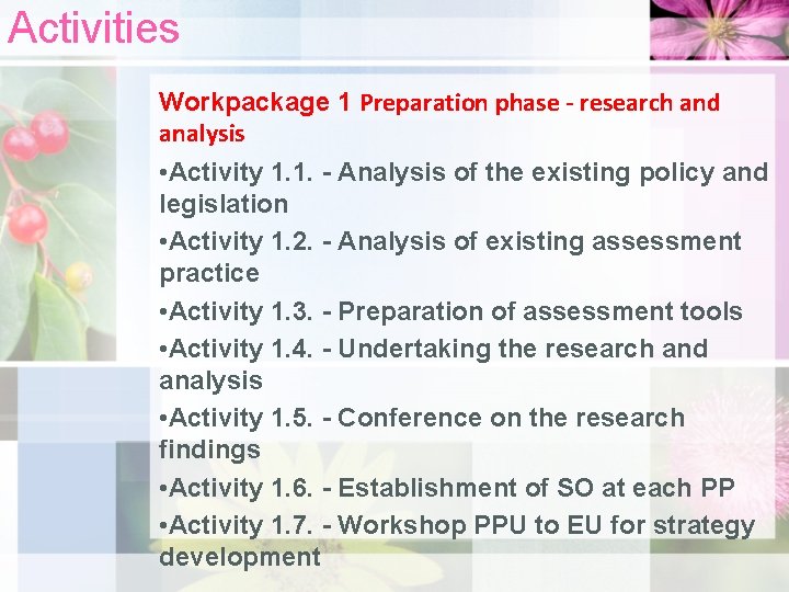 Activities Workpackage 1 Preparation phase - research and analysis • Activity 1. 1. -