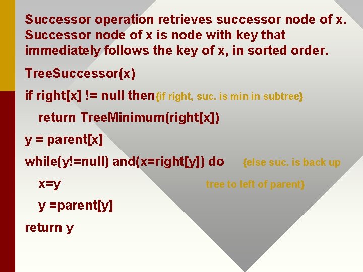 Successor operation retrieves successor node of x. Successor node of x is node with