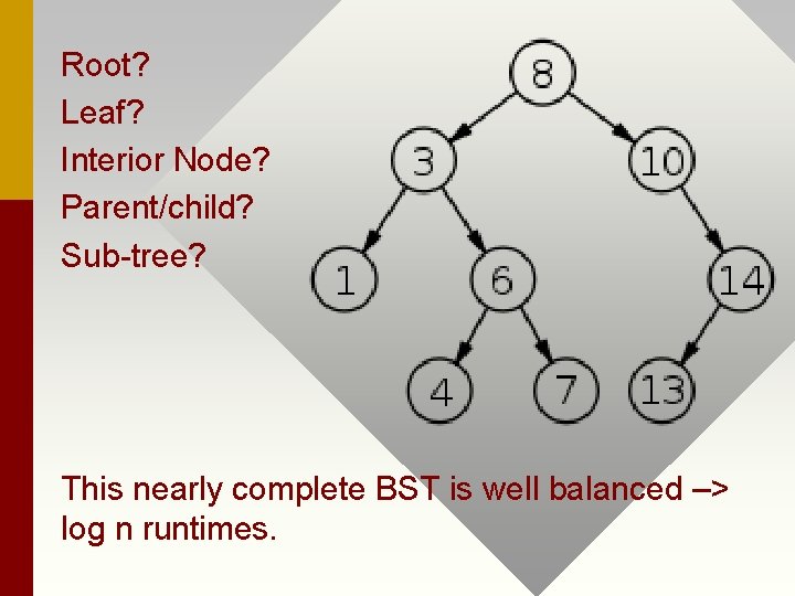 Root? Leaf? Interior Node? Parent/child? Sub-tree? This nearly complete BST is well balanced –>