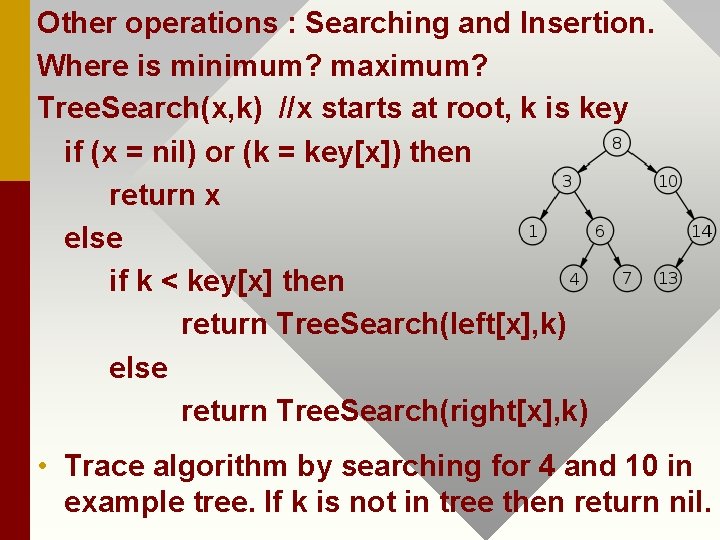 Other operations : Searching and Insertion. Where is minimum? maximum? Tree. Search(x, k) //x