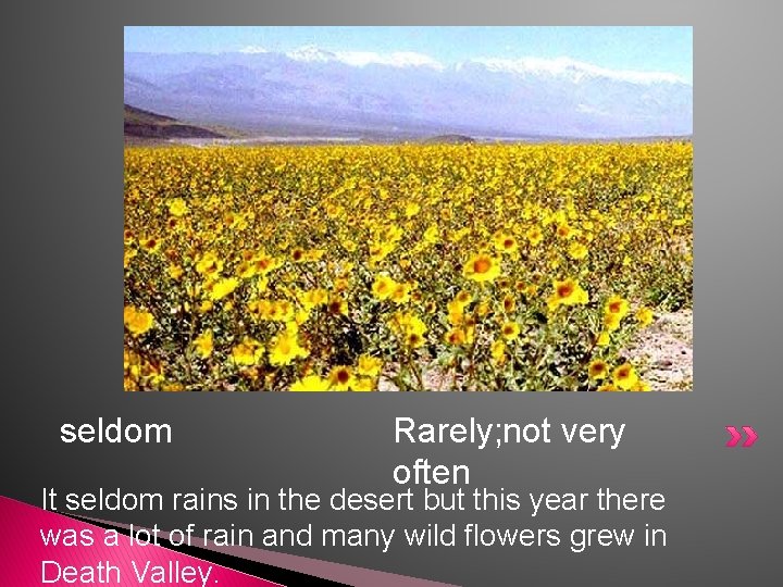 seldom Rarely; not very often It seldom rains in the desert but this year seldom Rarely; not very often It seldom rains in the desert but this year