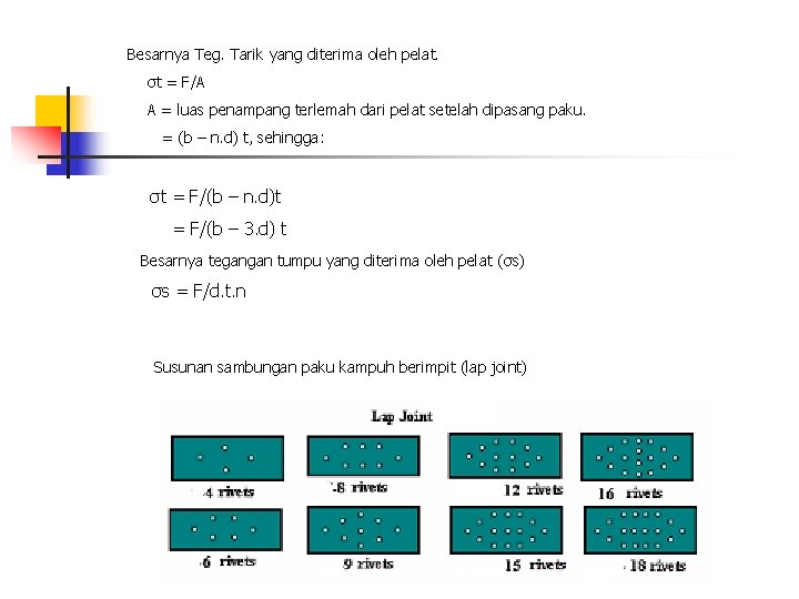 Besarnya Teg. Tarik yang diterima oleh pelat. σt = F/A A = luas penampang