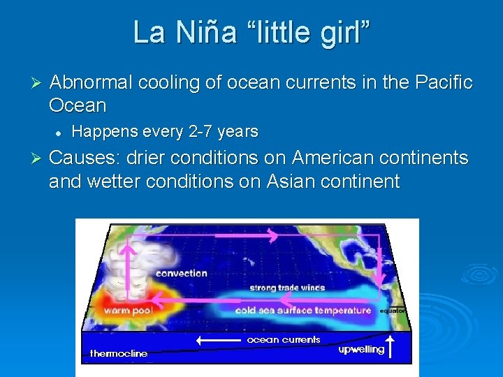 La Niña “little girl” Ø Abnormal cooling of ocean currents in the Pacific Ocean