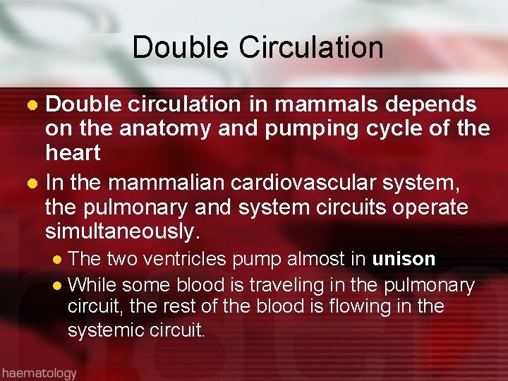 Double Circulation Double circulation in mammals depends on the anatomy and pumping cycle of