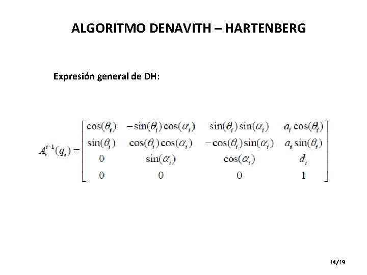 ALGORITMO DENAVITH – HARTENBERG Expresión general de DH: 14/19 