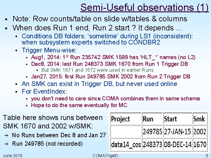 Semi-Useful observations (1) § § Note: Row counts/table on slide w/tables & columns When