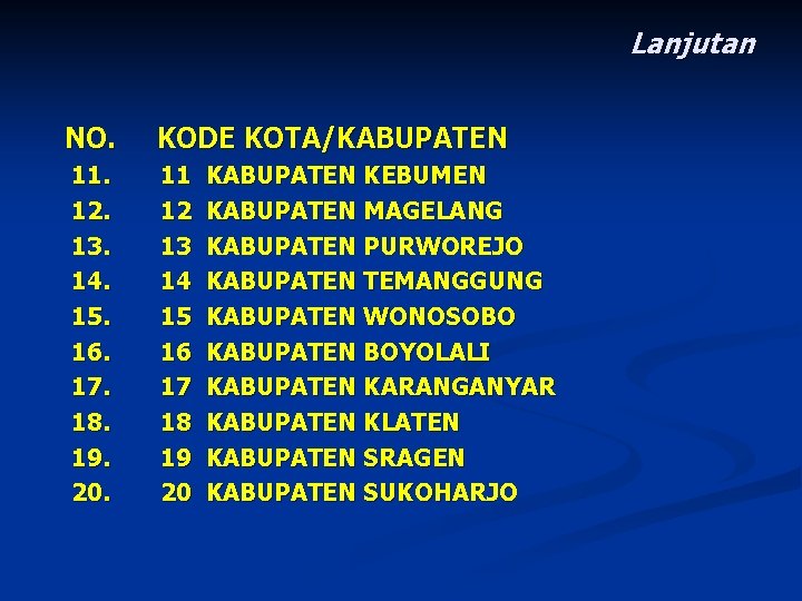 Lanjutan NO. KODE KOTA/KABUPATEN 11. 12. 13. 14. 15. 16. 17. 18. 19. 20.