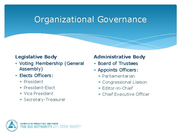 Organizational Governance Legislative Body Voting Membership (General Assembly) Elects Officers: President-Elect Vice President Secretary-Treasurer