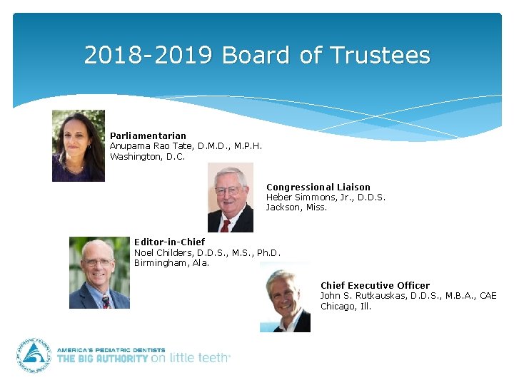 2018 -2019 Board of Trustees Parliamentarian Anupama Rao Tate, D. M. D. , M.