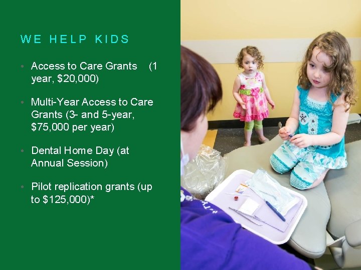 WE HELP KIDS • Access to Care Grants (1 year, $20, 000) • Multi-Year