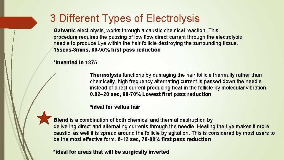 3 Different Types of Electrolysis Galvanic electrolysis, works through a caustic chemical reaction. This 3 Different Types of Electrolysis Galvanic electrolysis, works through a caustic chemical reaction. This