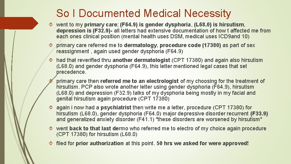 So I Documented Medical Necessity went to my primary care; (F 64. 9) is So I Documented Medical Necessity went to my primary care; (F 64. 9) is