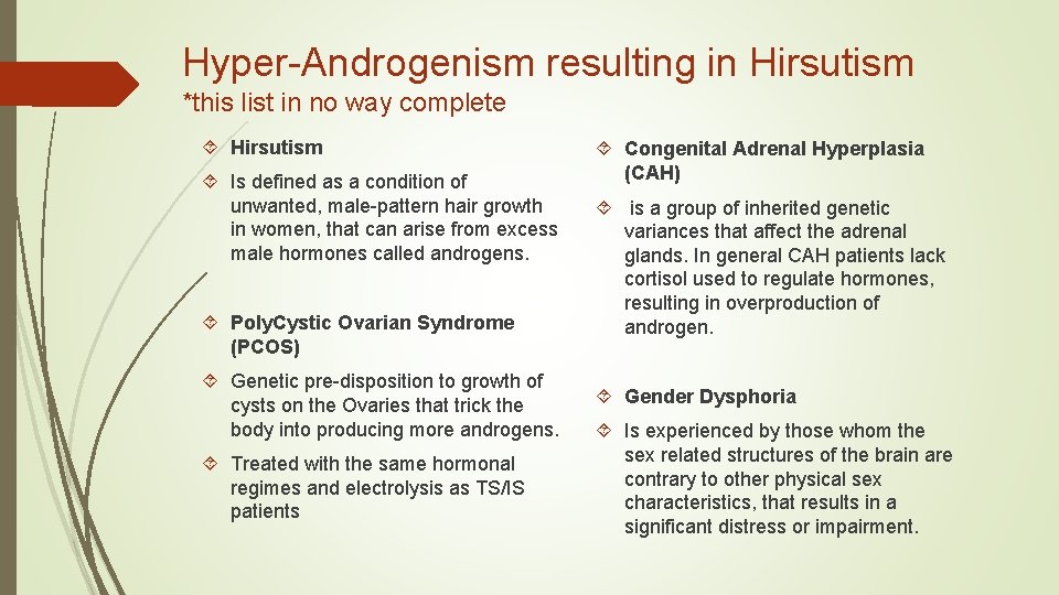 Hyper-Androgenism resulting in Hirsutism *this list in no way complete Hirsutism Is defined as Hyper-Androgenism resulting in Hirsutism *this list in no way complete Hirsutism Is defined as