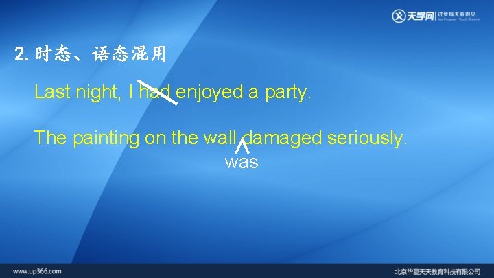 2. 时态、语态混用 Last night, I had enjoyed a party. The painting on the wall∧damaged