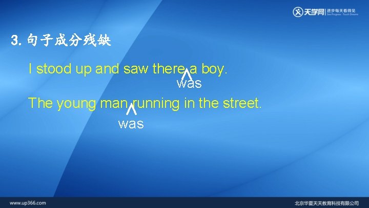 3. 句子成分残缺 I stood up and saw there∧a boy. was The young man∧running in